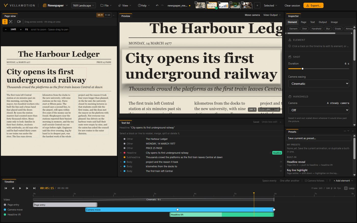 The Newspaper workspace: the page with its found text, the preview, the text list and the timeline