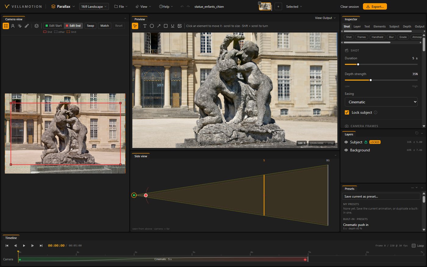 The Parallax workspace: the photo, its camera, its layers and the timeline