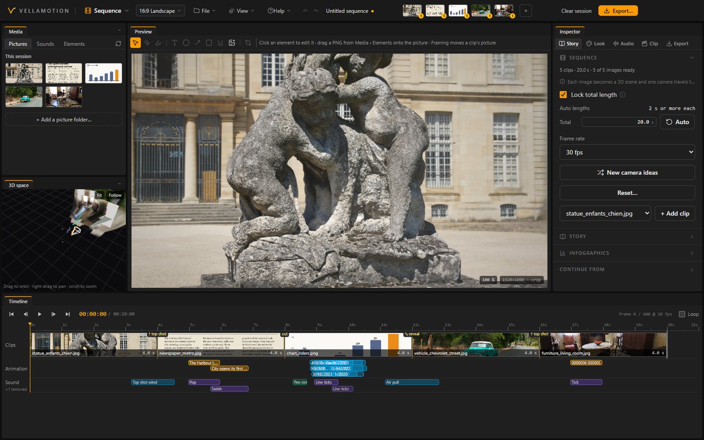 The Sequence workspace: five pictures as clips on one timeline, with the 3D space and the preview