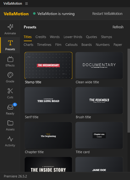 The panel's Presets page